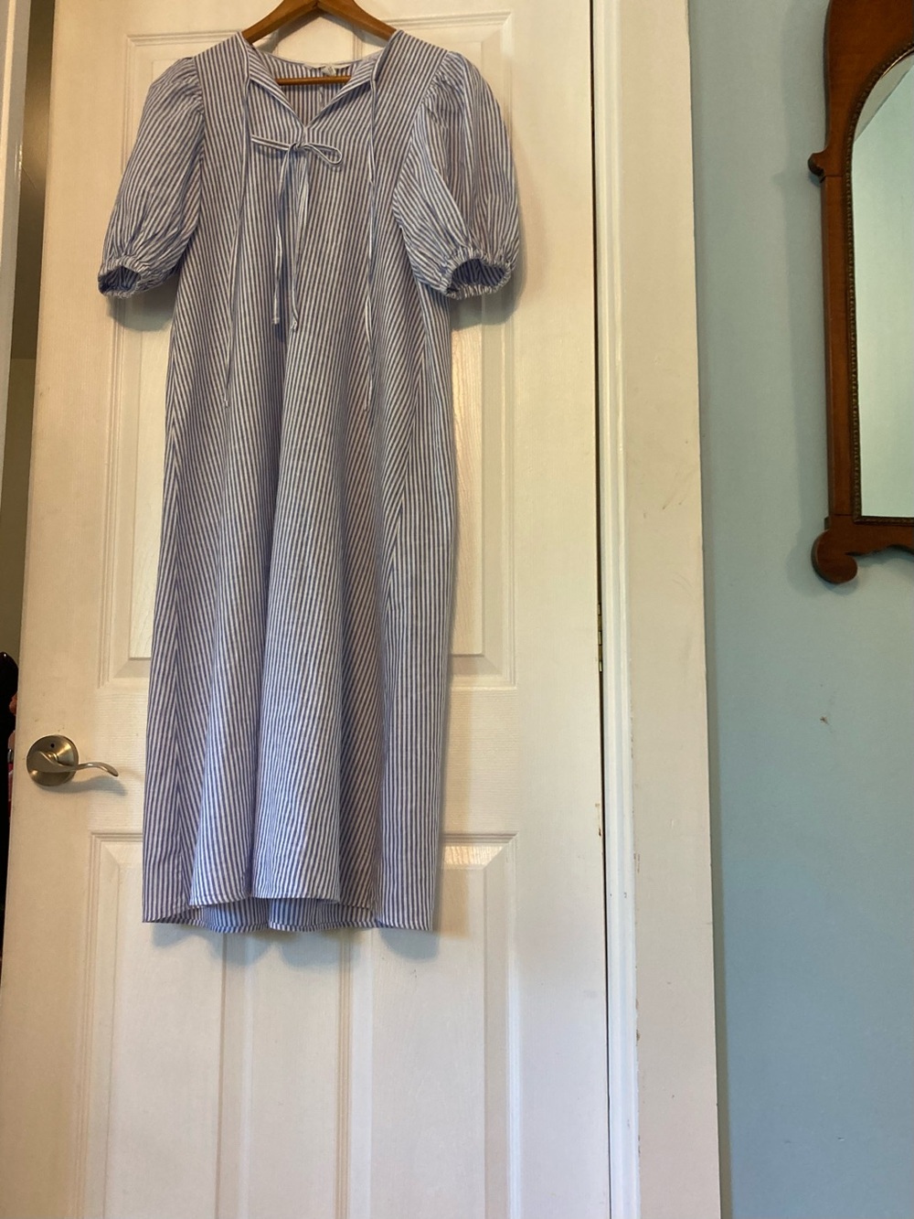 H&M Blue and White Striped Dress with Puffed Sleeves and Tie Detail